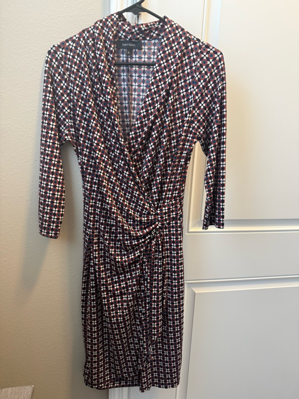 Small Karen Kane Black, Brown and Cream Geometric 3/4 Sleeve Wrap Dress